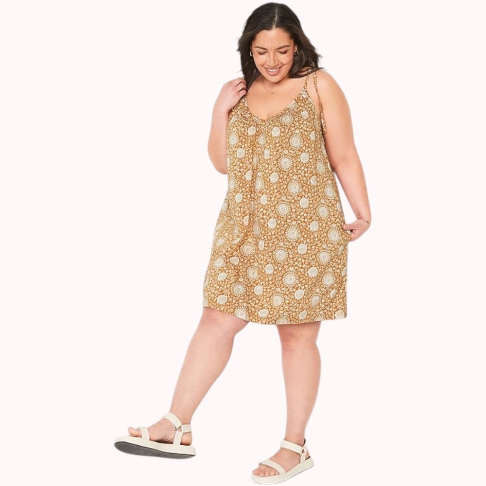 Old Navy Swing Dress‎ 4X Brown Mini Tie-Shoulder Pockets Ditsy Floral